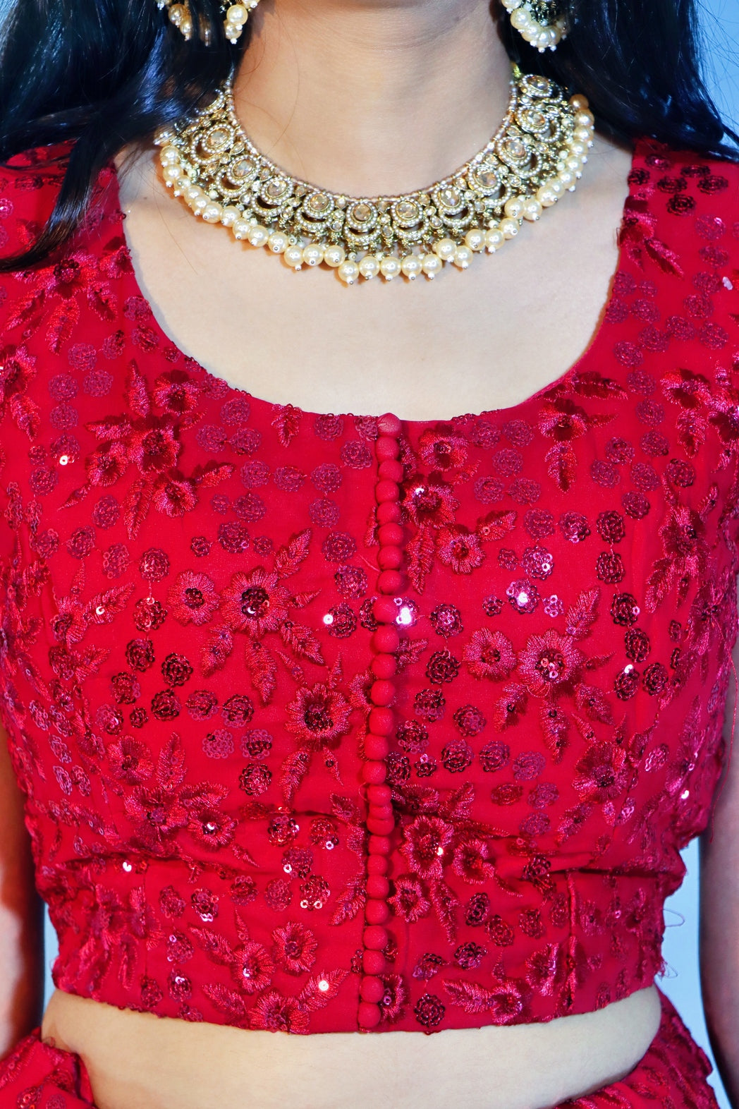 Red Georgette Crop Top Lehenga