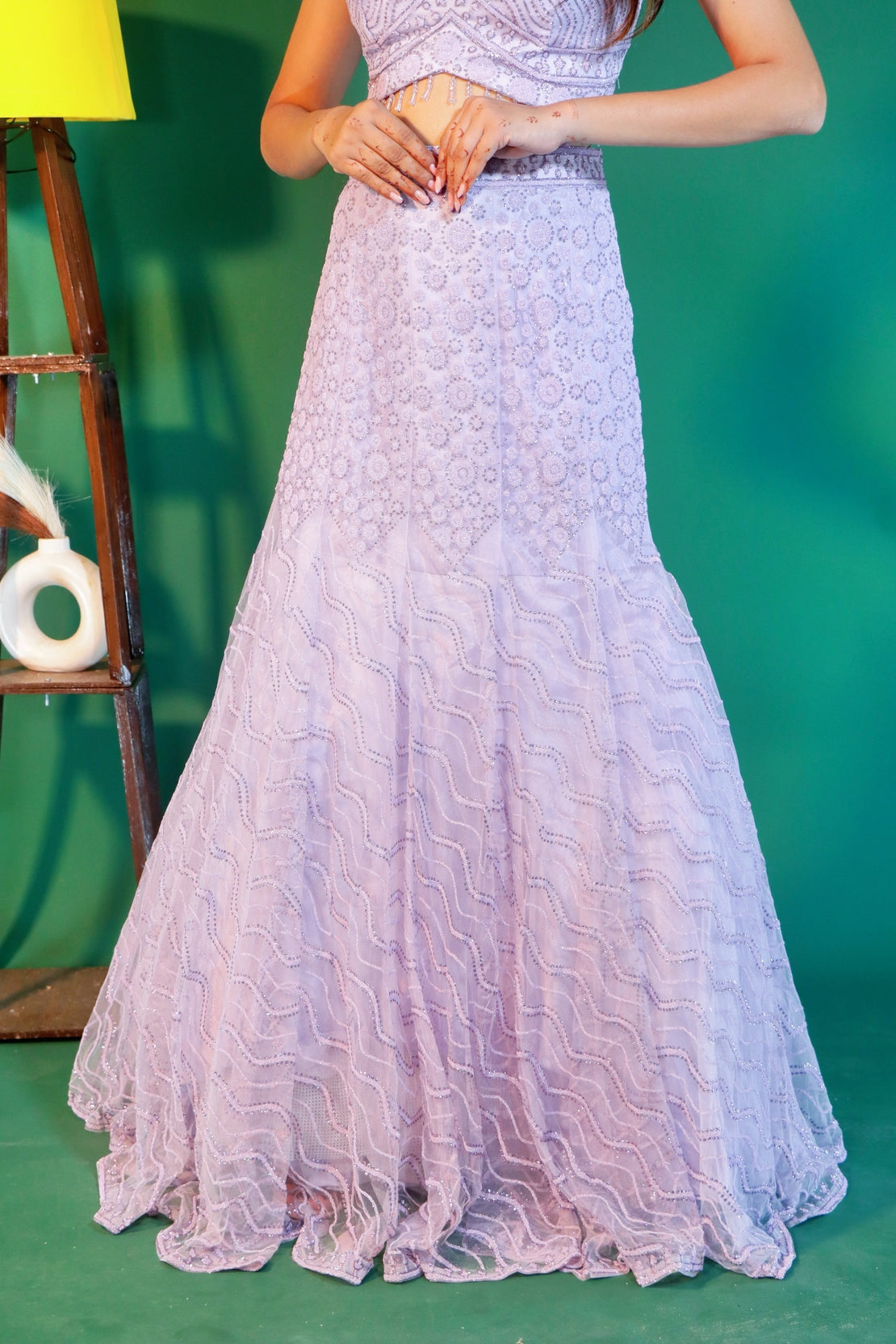 Lilac Net Fish-Cut Crop Top Lehenga