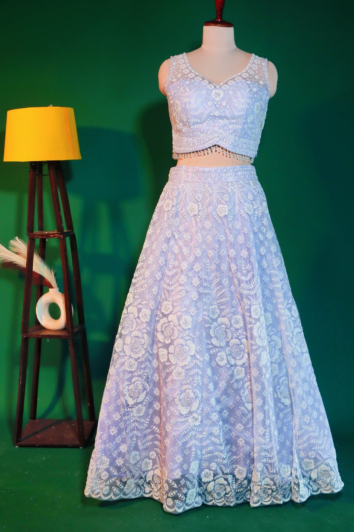 White Net Crop Top Lehenga with Sugarbeads