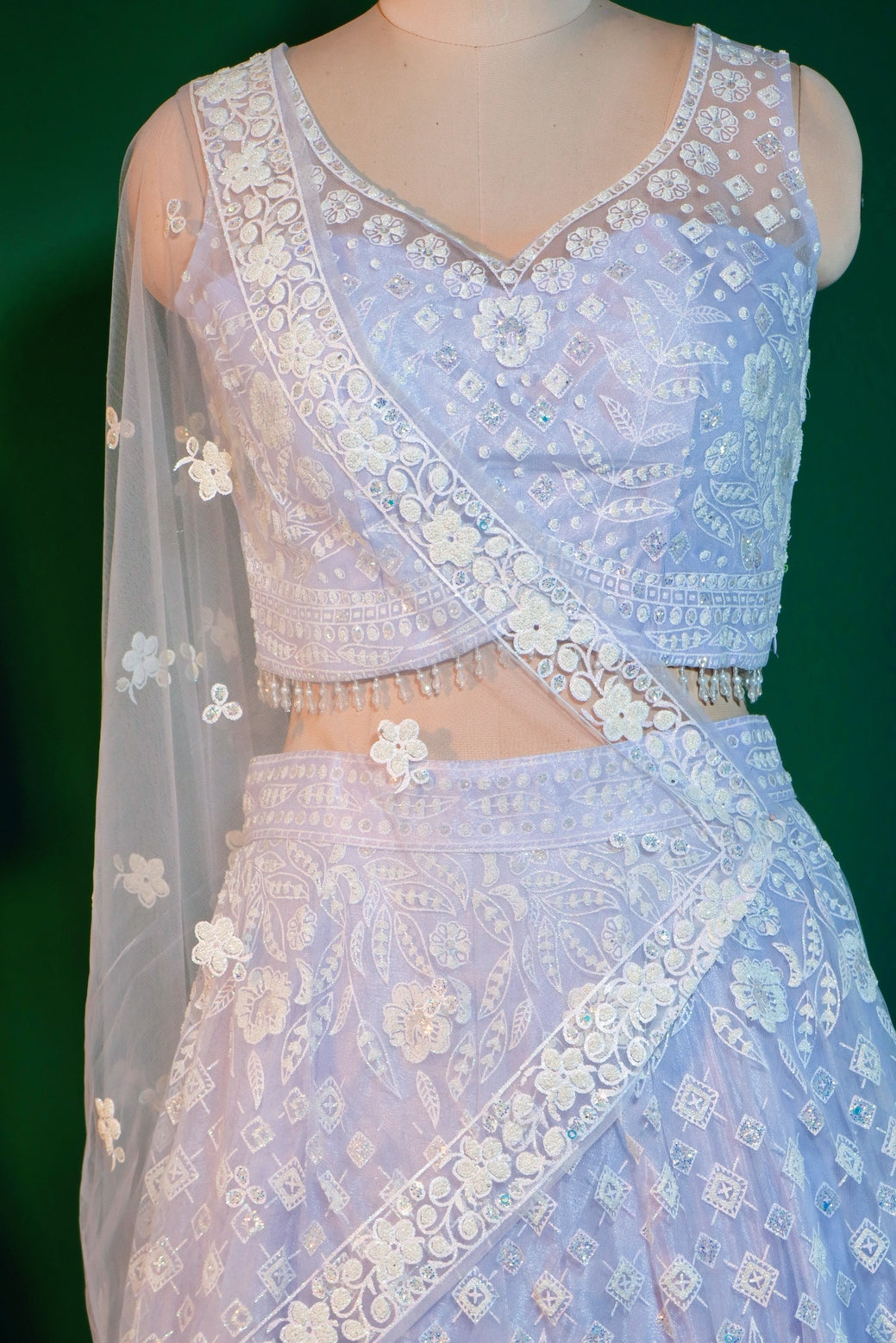 White Net Crop Top Lehenga with Sugarbeads