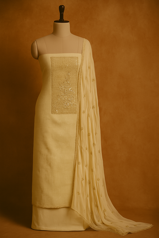 Cream Cotton Net Suit Set with Zardozi, Bead & Gota Patti Work