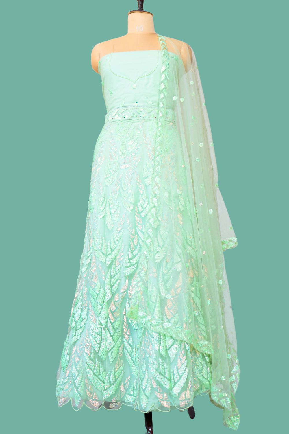 Velvet Mint Green Sequin Bridal Lehenga