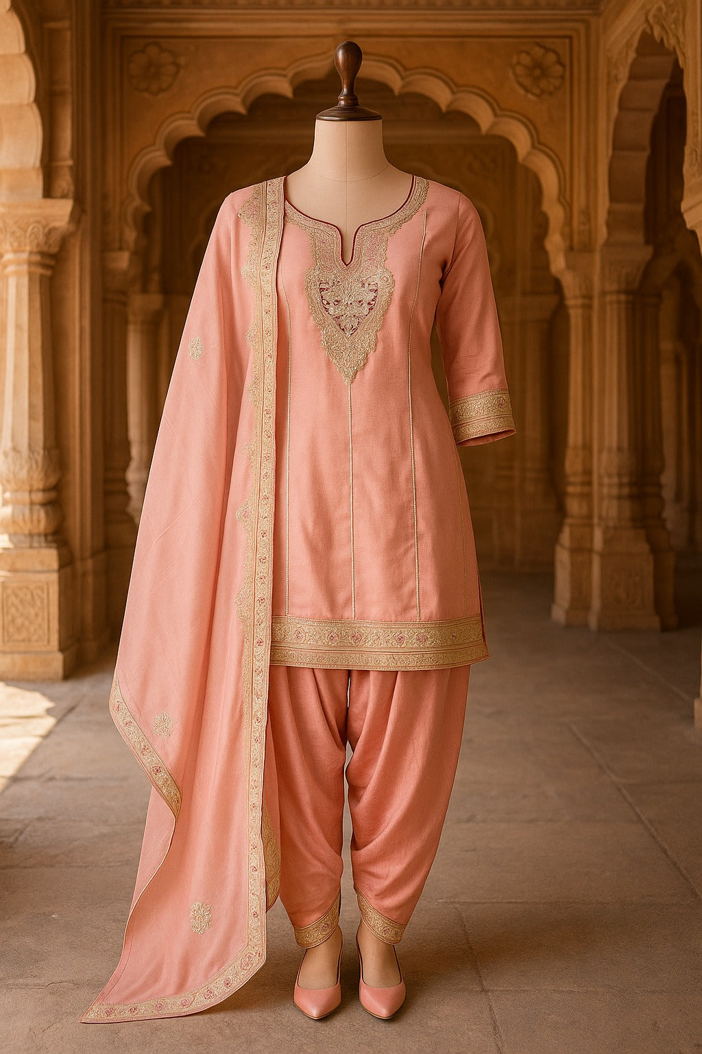 Peach & Maroon Short Kurti with Tulip Pant & Dupatta