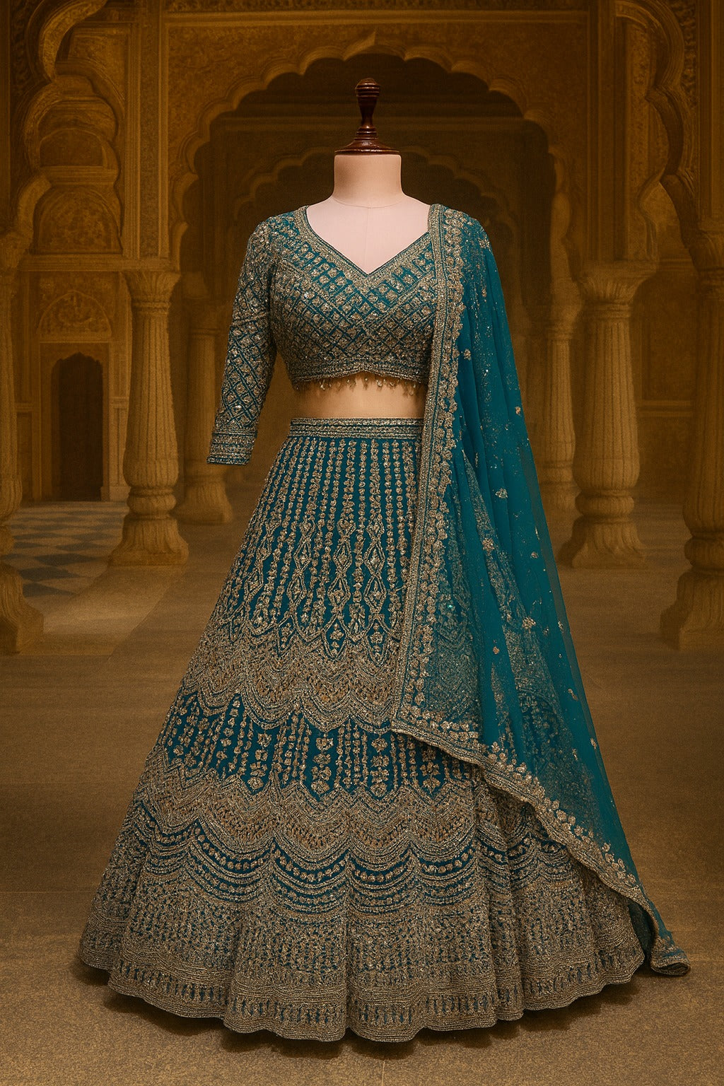 Aqua Blue Net Crop Top Lehenga