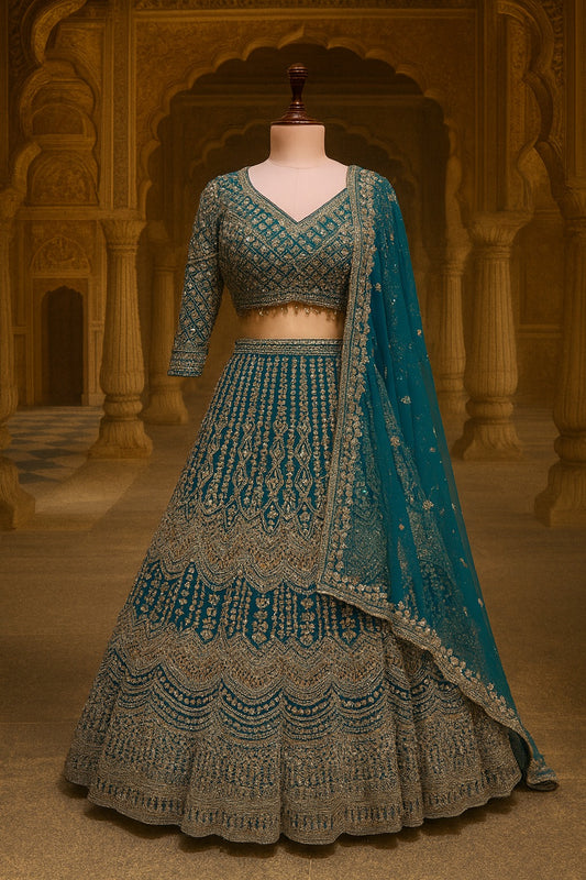 Aqua Blue Net Crop Top Lehenga