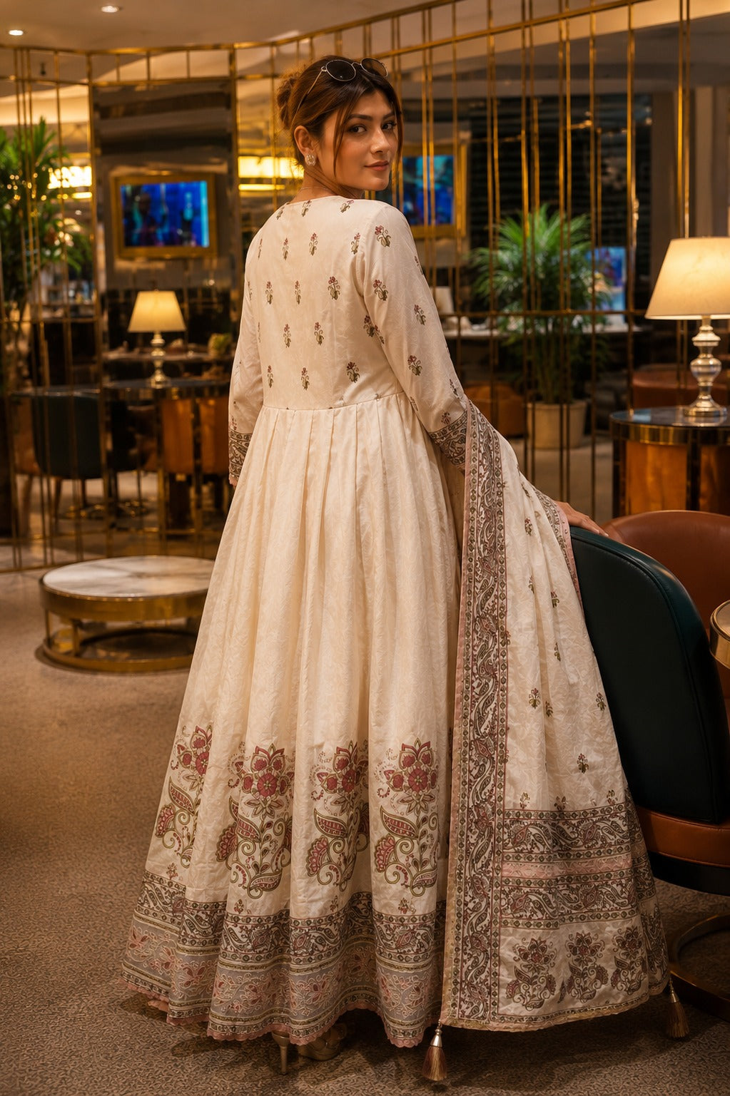 Ivory Floral Printed Cotton Anarkali Suit Set with Dupatta