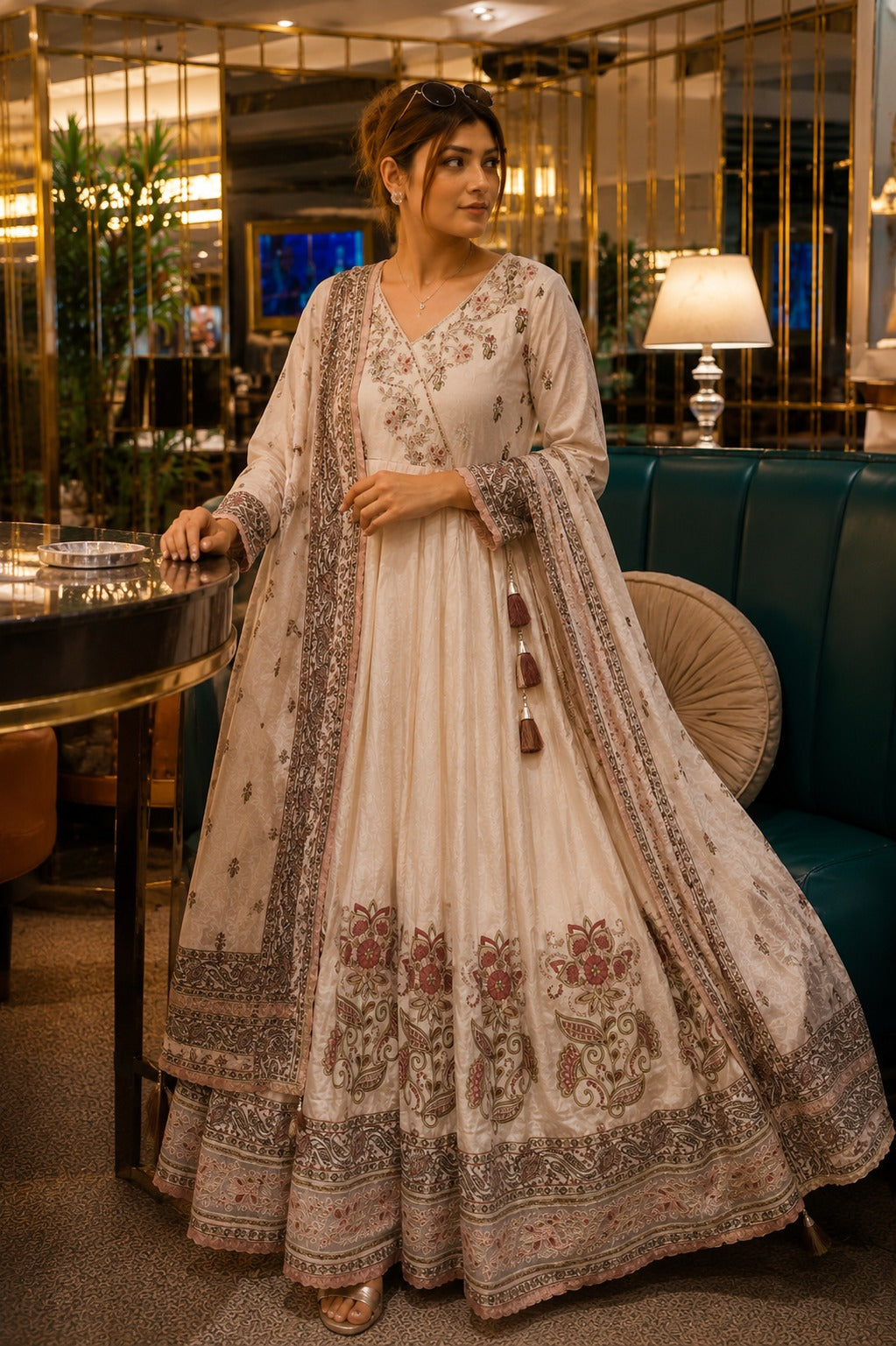 Ivory Floral Printed Cotton Anarkali Suit Set with Dupatta