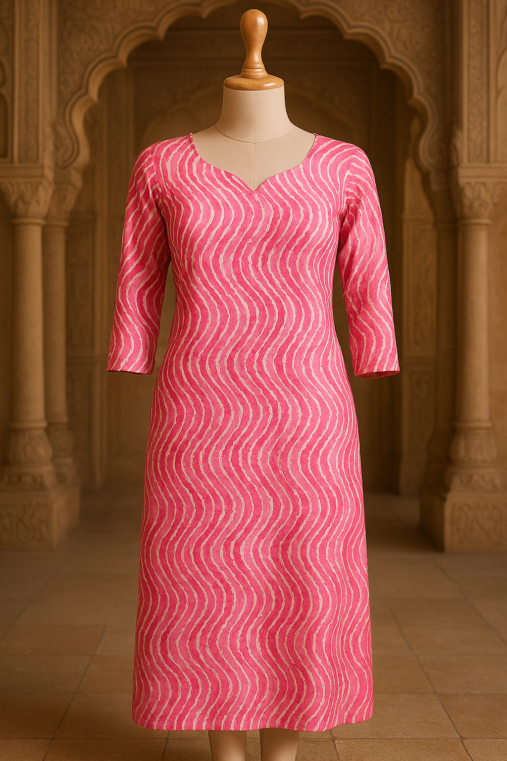 Pink Wave Print Straight Kurta