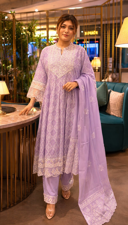 Lavender Embroidered Cotton Kurta Pant Set with Dupatta