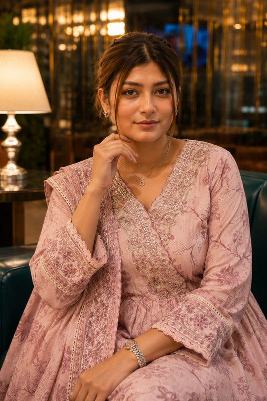Blush Pink Floral Printed Cotton Anarkali Suit Set