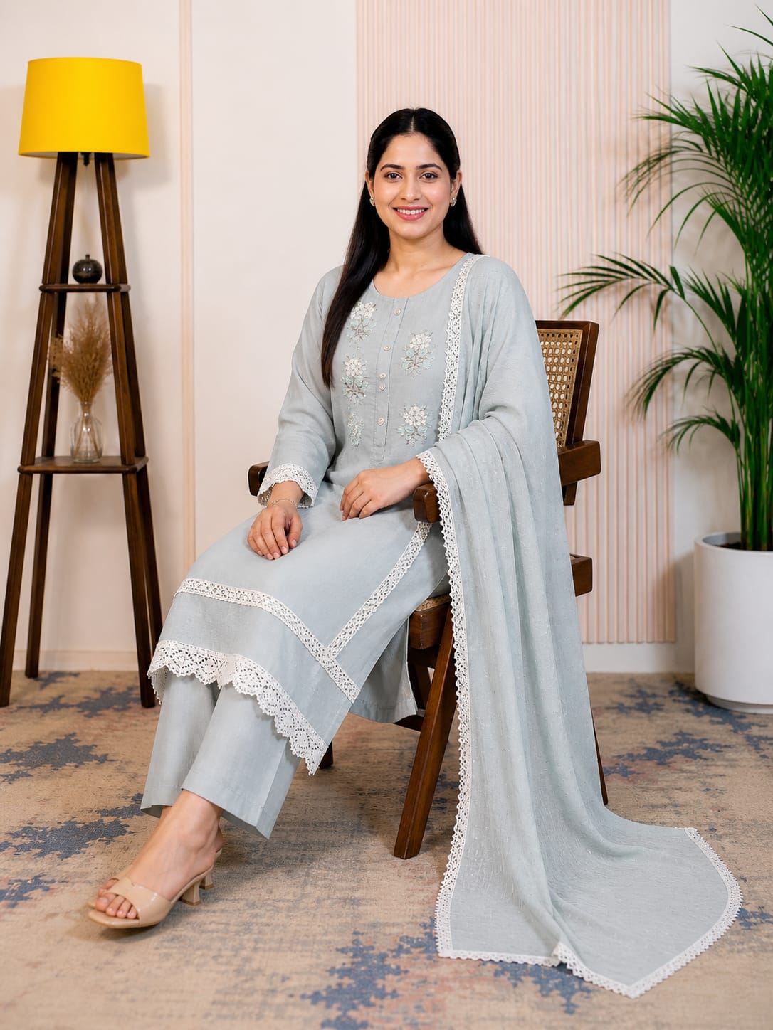 Serene Mist Embroidered Kurta Set with Dupatta