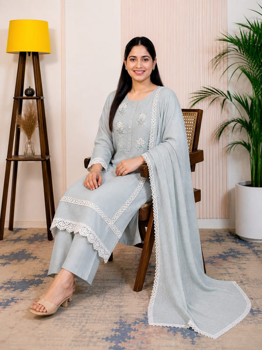 Serene Mist Embroidered Kurta Set with Dupatta