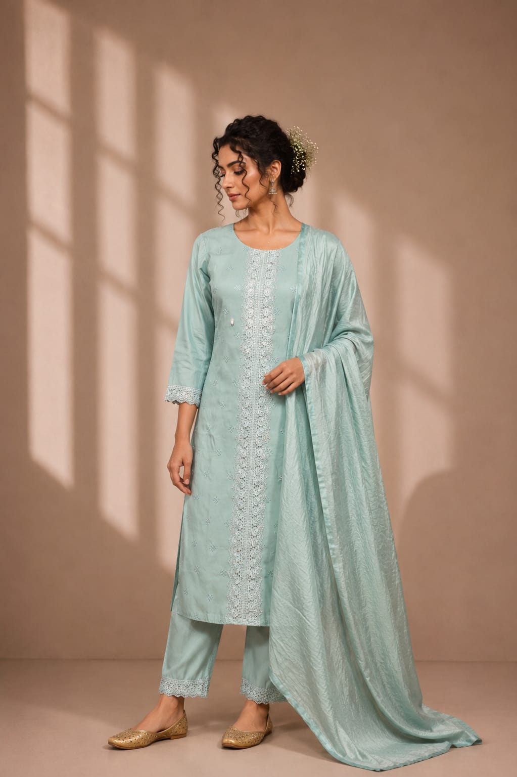 Blue Chanderi Silk Kurti with Pant & Dupatta