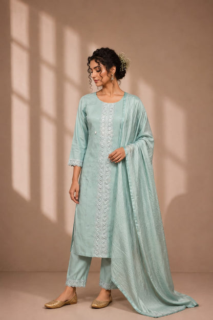 Blue Chanderi Silk Kurti with Pant & Dupatta