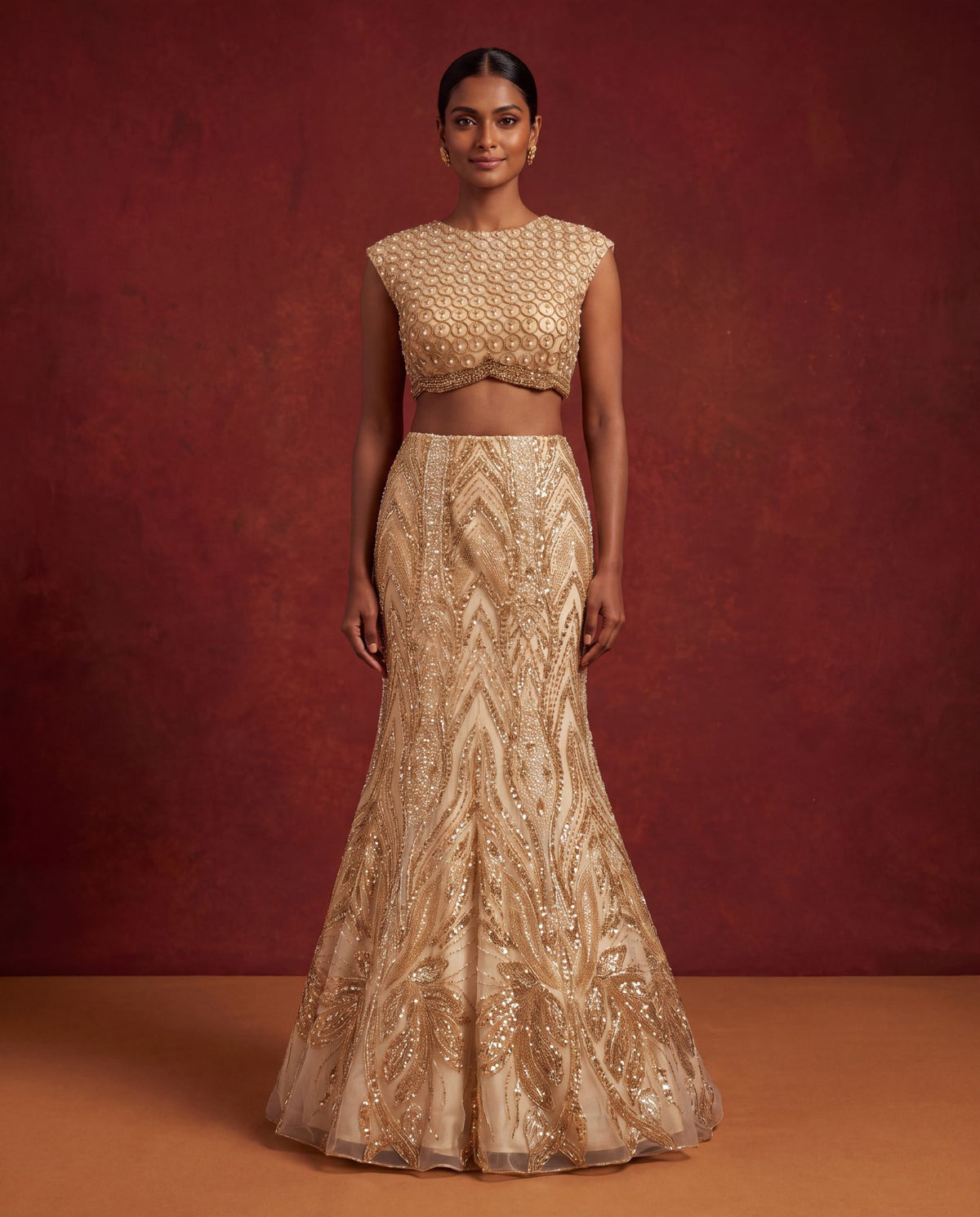 Golden bead work mermaid lehenga, front
