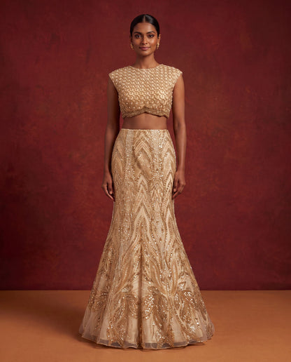 Golden bead work mermaid lehenga, front