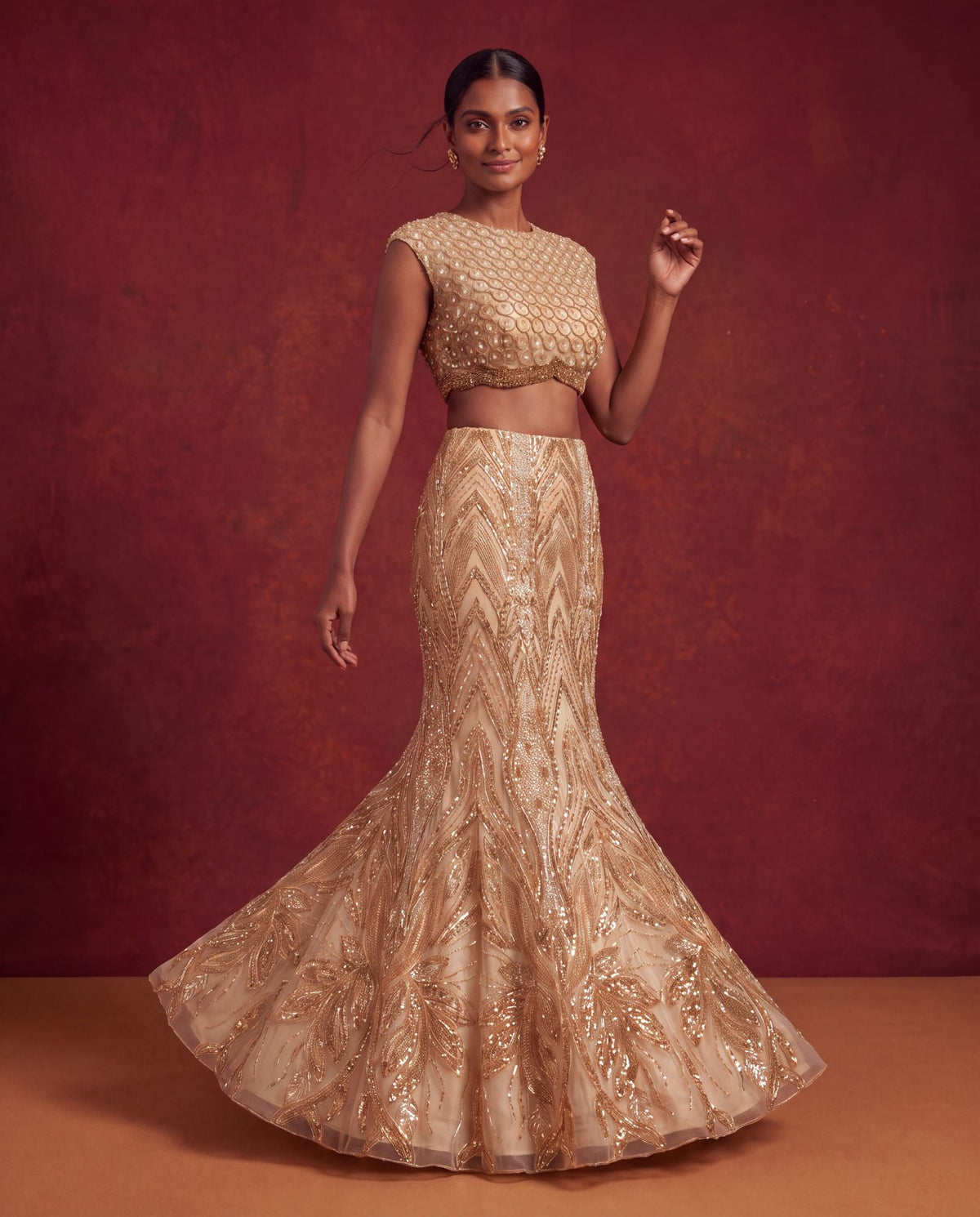 Golden bead work mermaid lehenga, flared hem