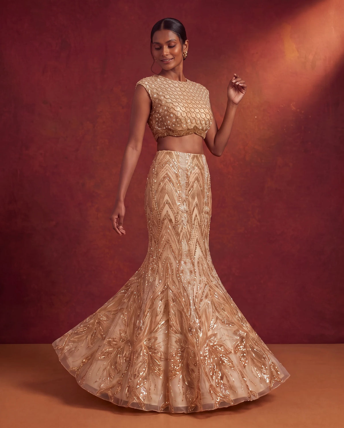Golden bead work mermaid lehenga, in movement