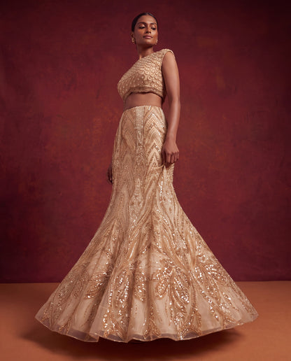 Golden bead work mermaid lehenga, side view