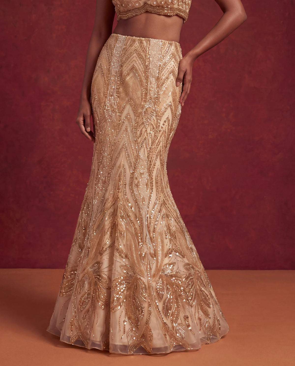 Golden bead work mermaid lehenga, skirt embroidery close up