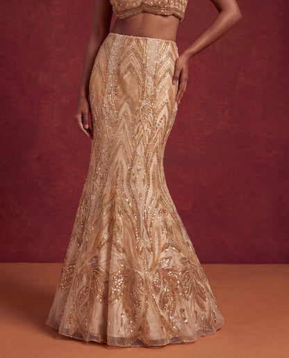 Golden bead work mermaid lehenga, skirt embroidery close up