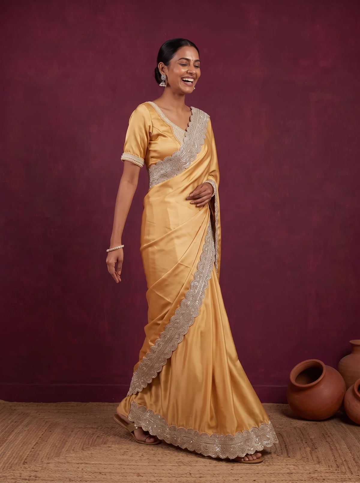 Golden satin saree, side view