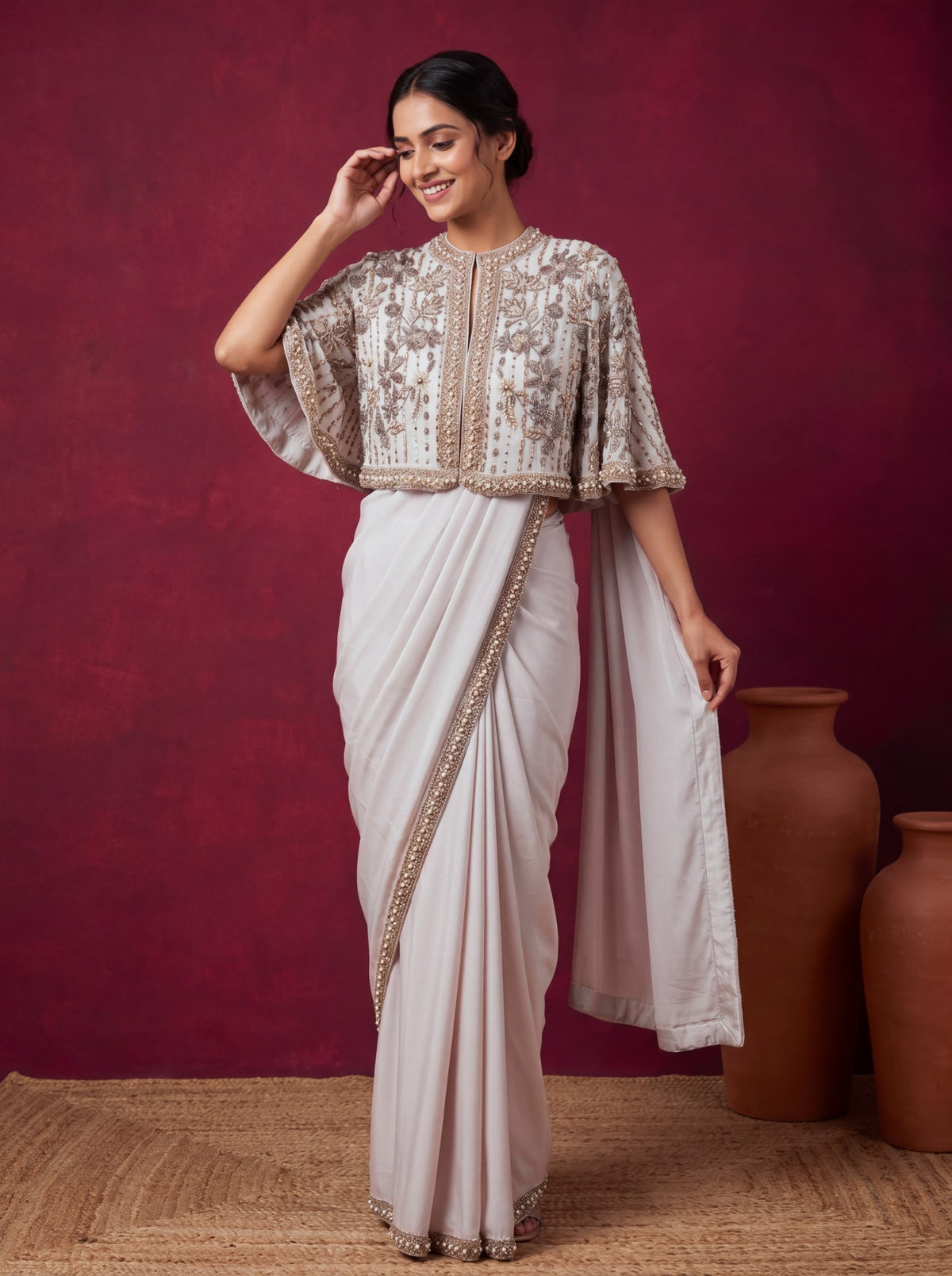 Heavenly pink cape saree, front