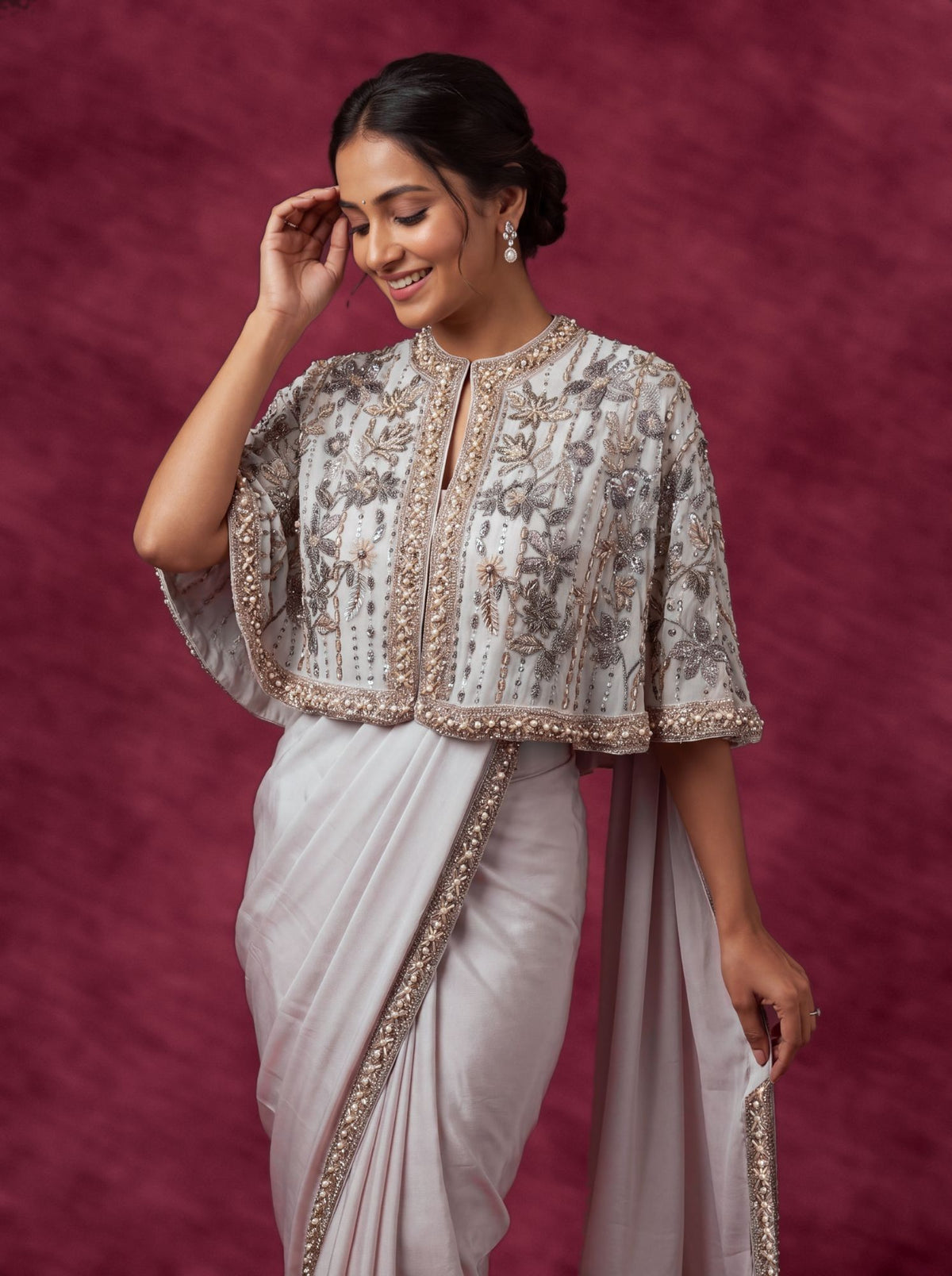 Heavenly pink cape saree, embroidered cape