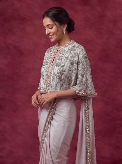 Heavenly pink cape saree, side view of the cape