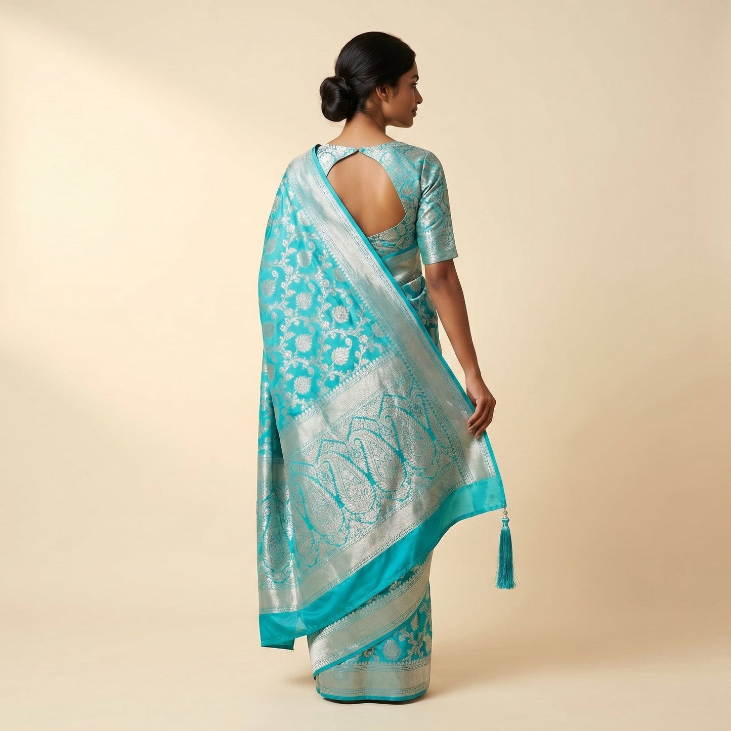 Aqua Blue Silk Saree on model - back