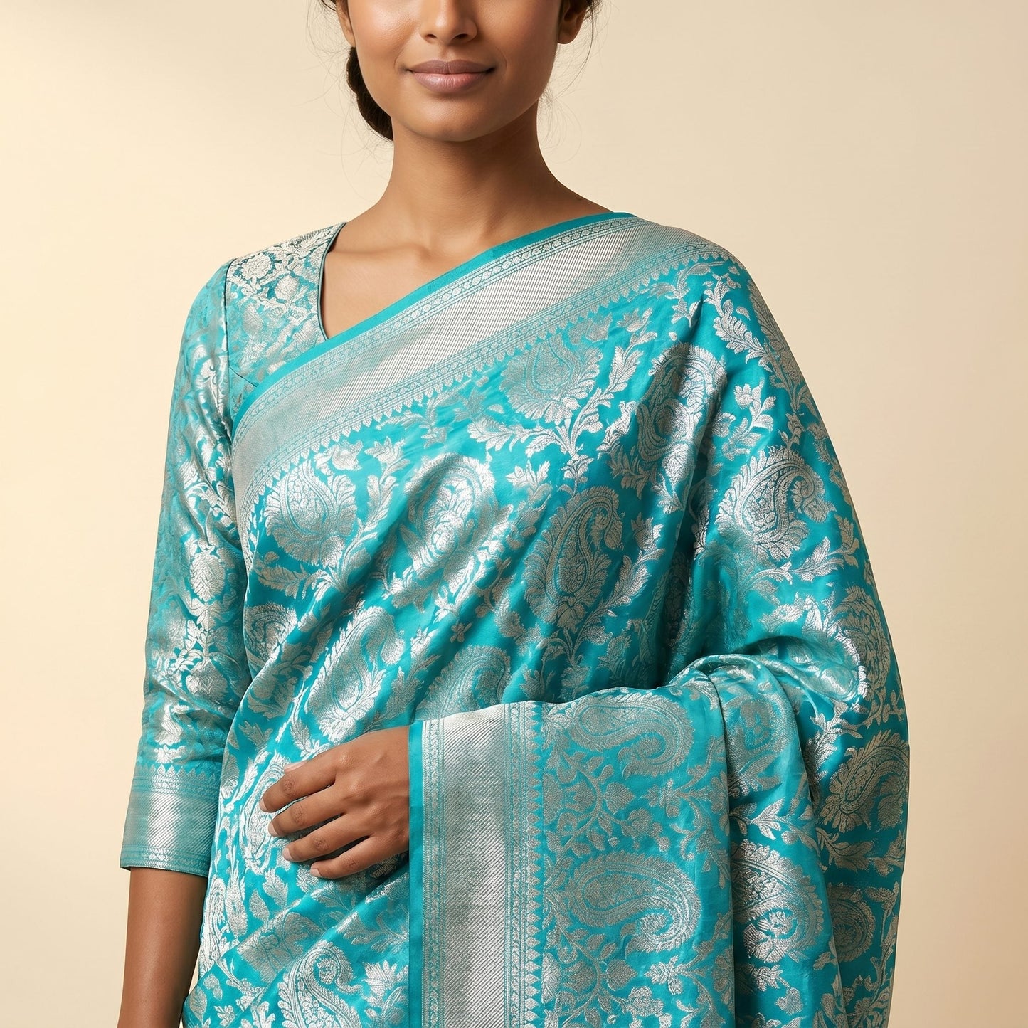 Aqua Blue Silk Saree on model - detail