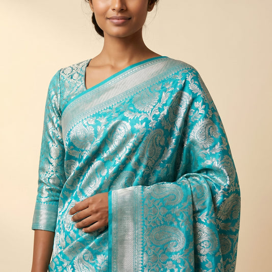 Aqua Blue Silk Saree on model - detail