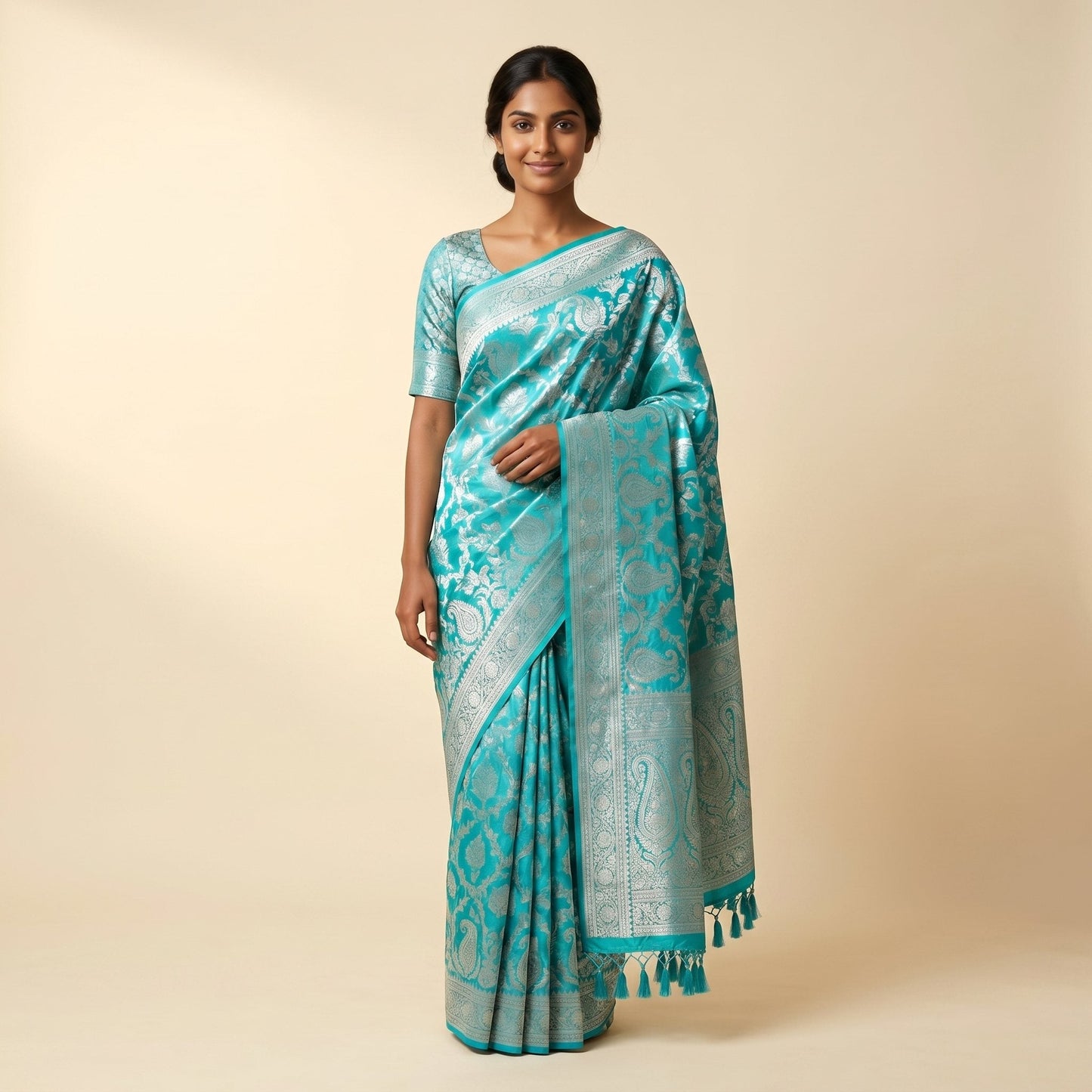Aqua Blue Silk Saree on model - front