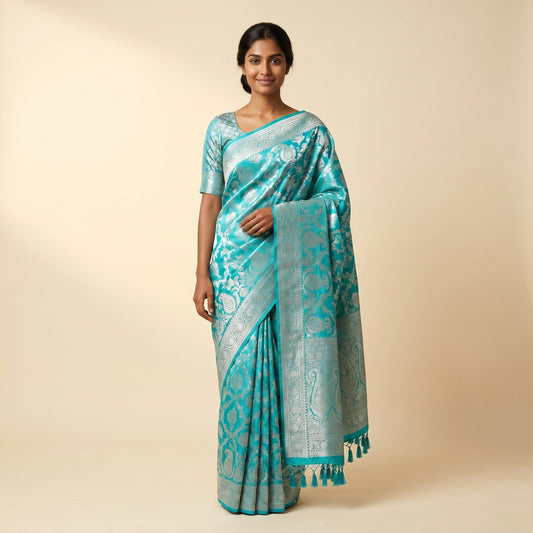 Aqua Blue Silk Saree on model - front