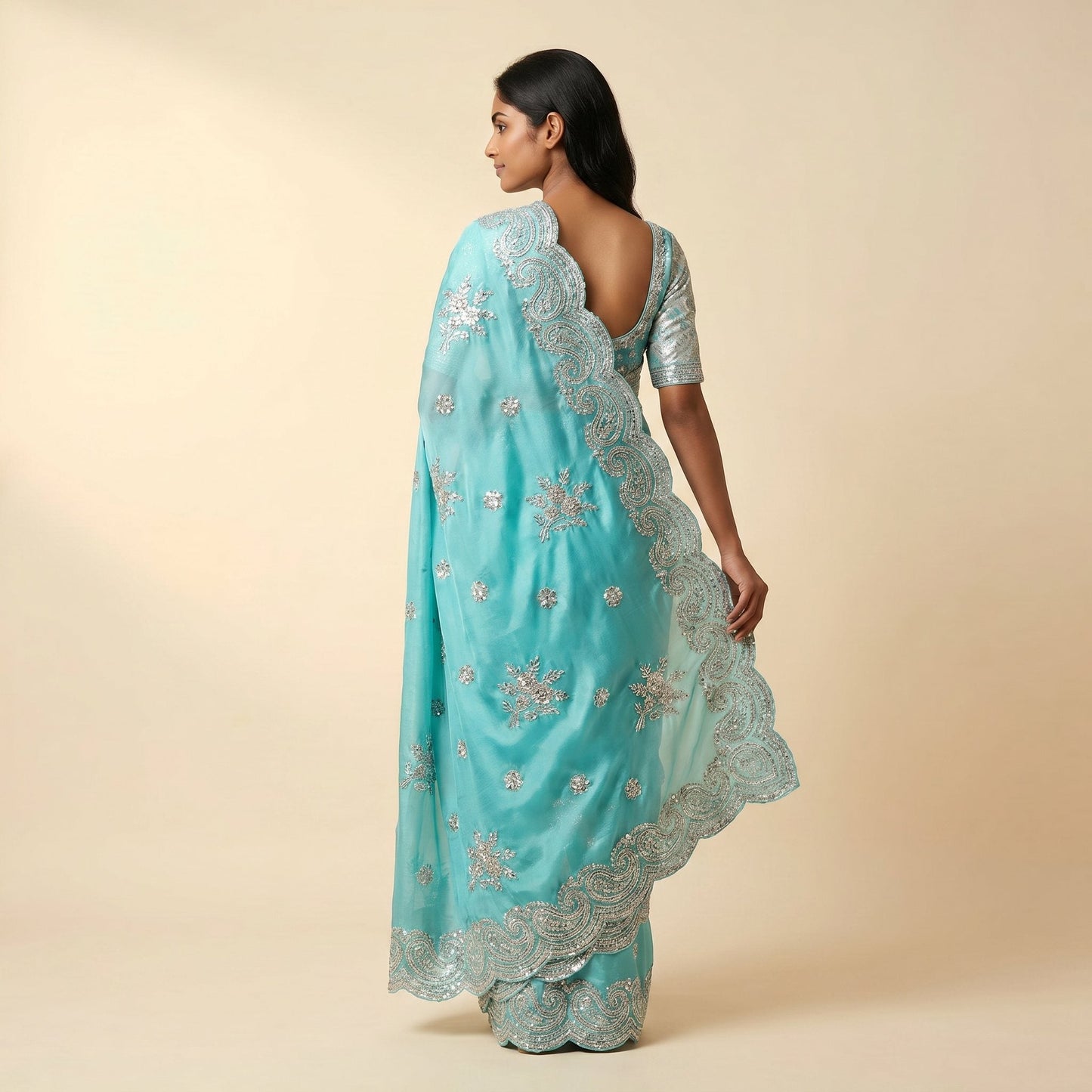 Aqua Blue Satin Silk Saree on model - back