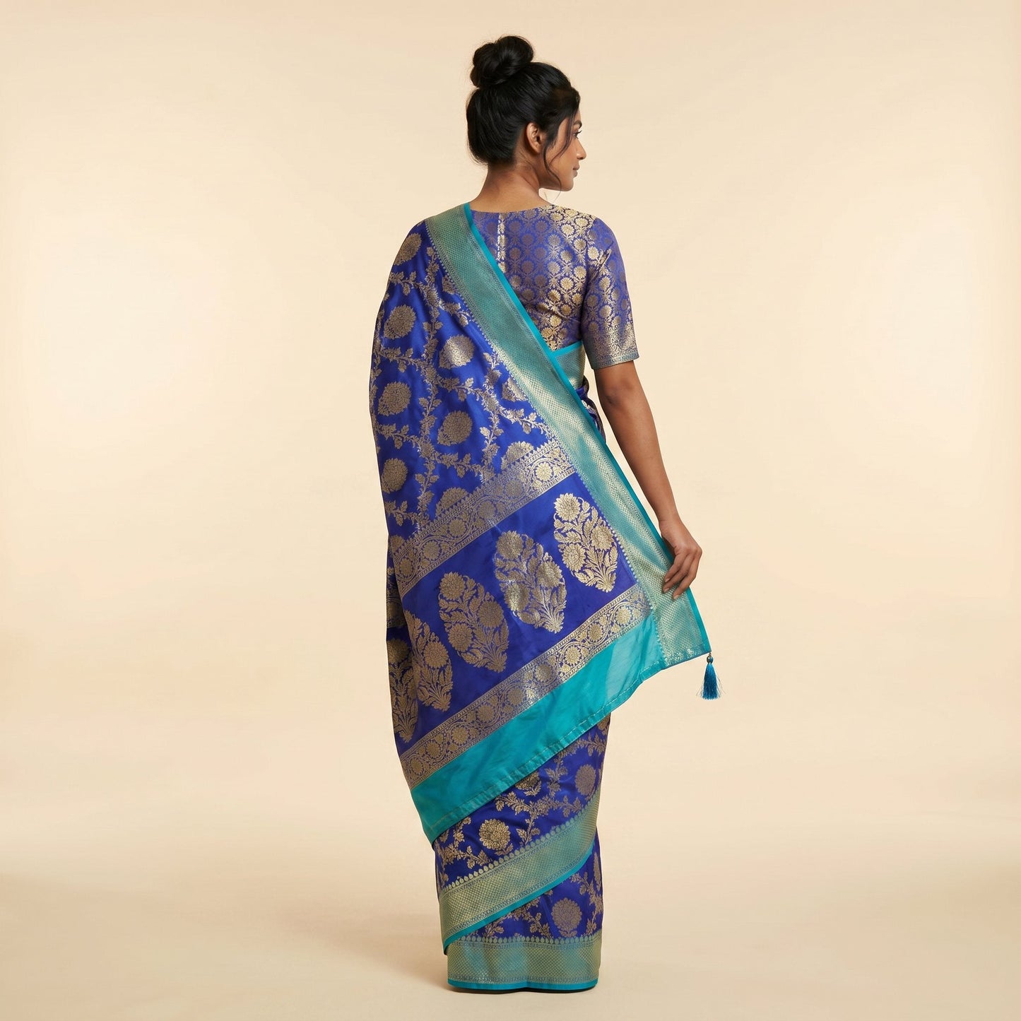 Aqua Blue Banarasi Silk Saree on model - back