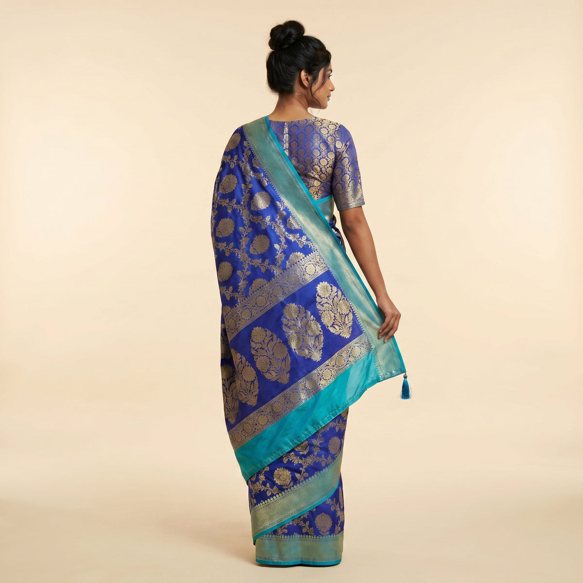 Aqua Blue Banarasi Silk Saree on model - back