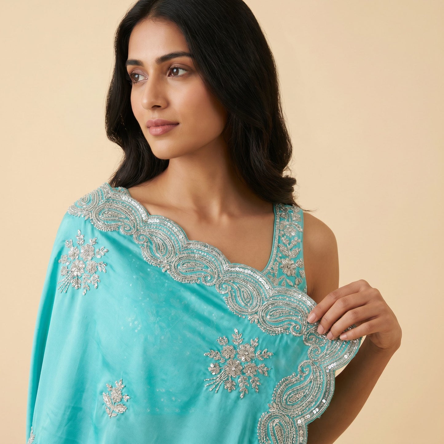 Aqua Blue Satin Silk Saree on model - detail