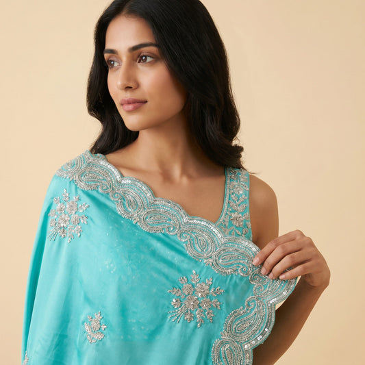 Aqua Blue Satin Silk Saree on model - detail