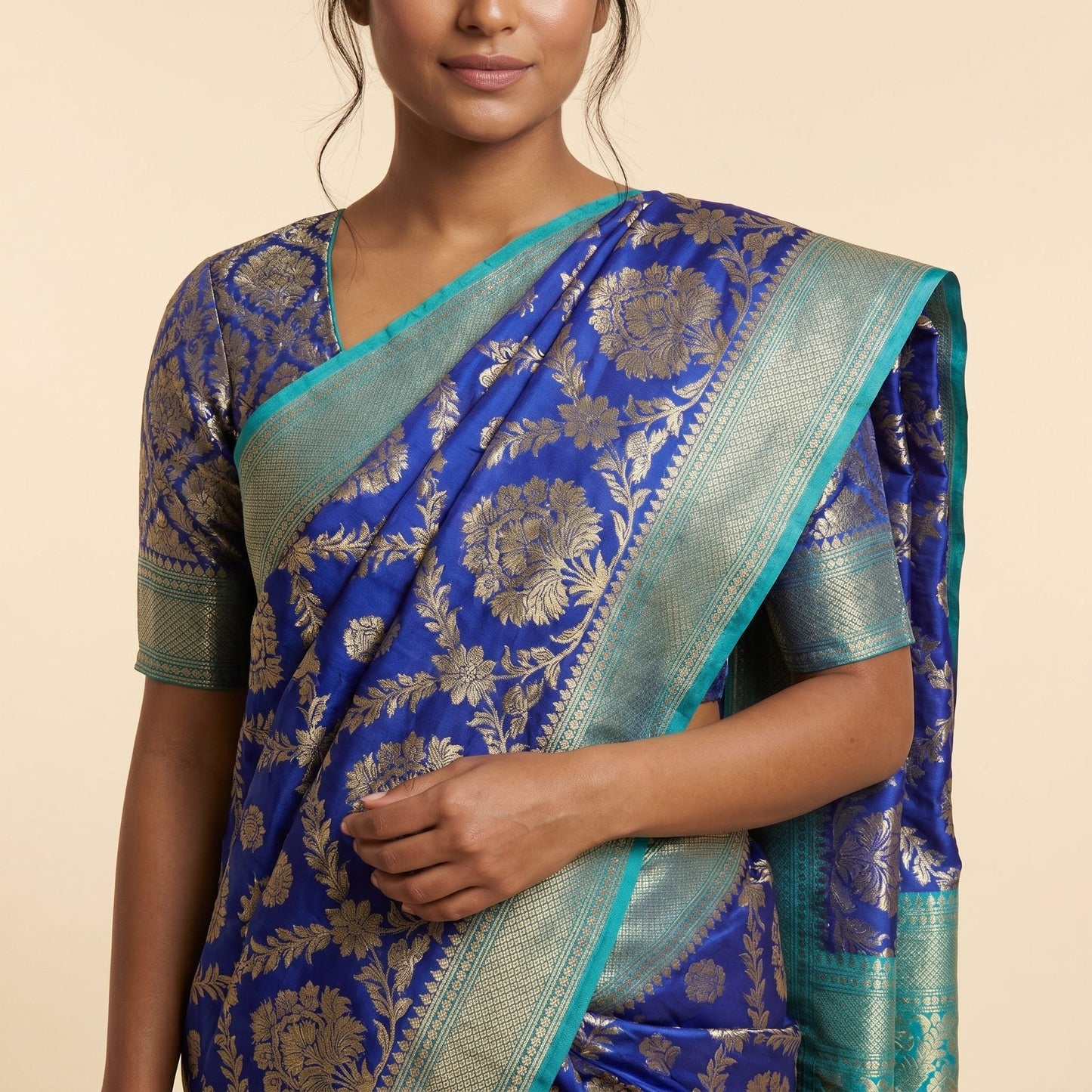 Aqua Blue Banarasi Silk Saree on model - detail