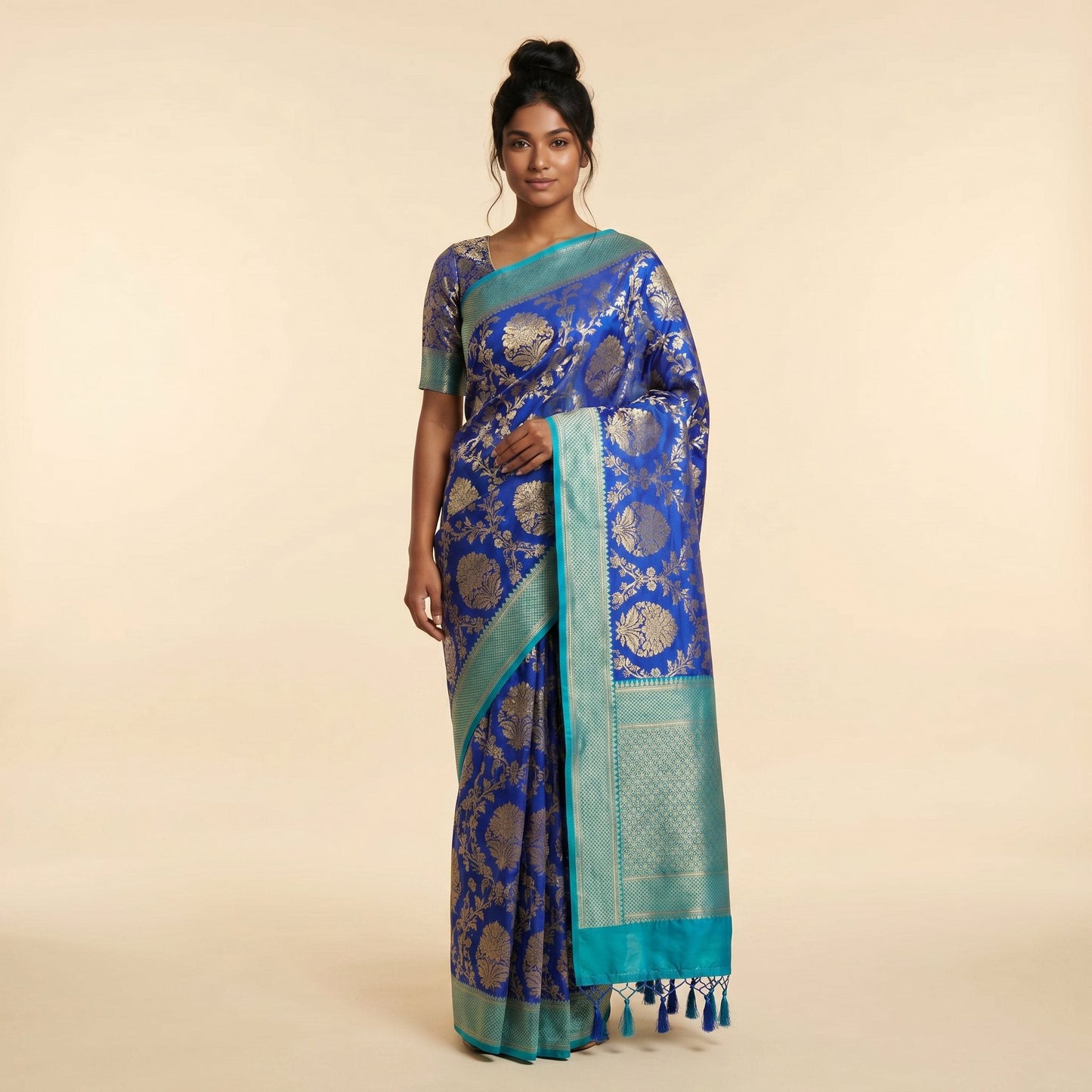 Aqua Blue Banarasi Silk Saree on model - front