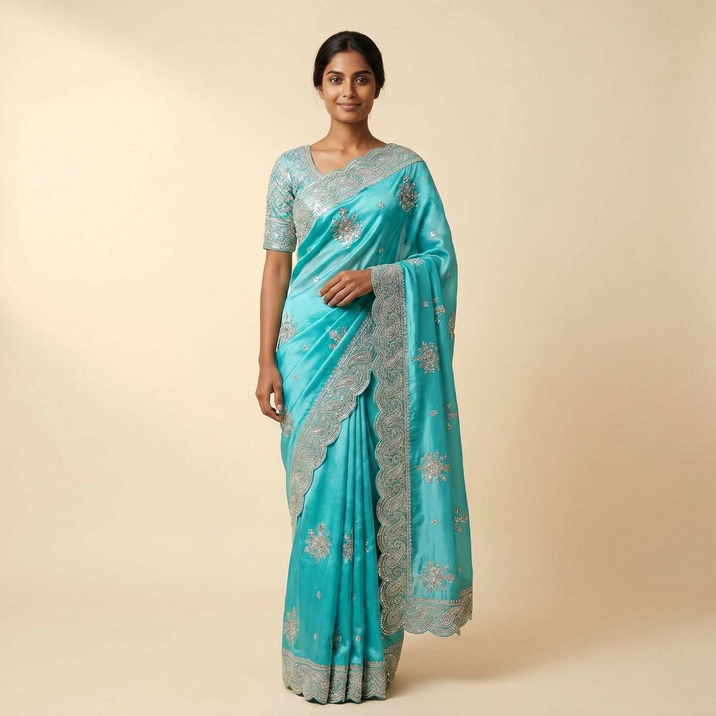 Aqua Blue Satin Silk Saree on model - front