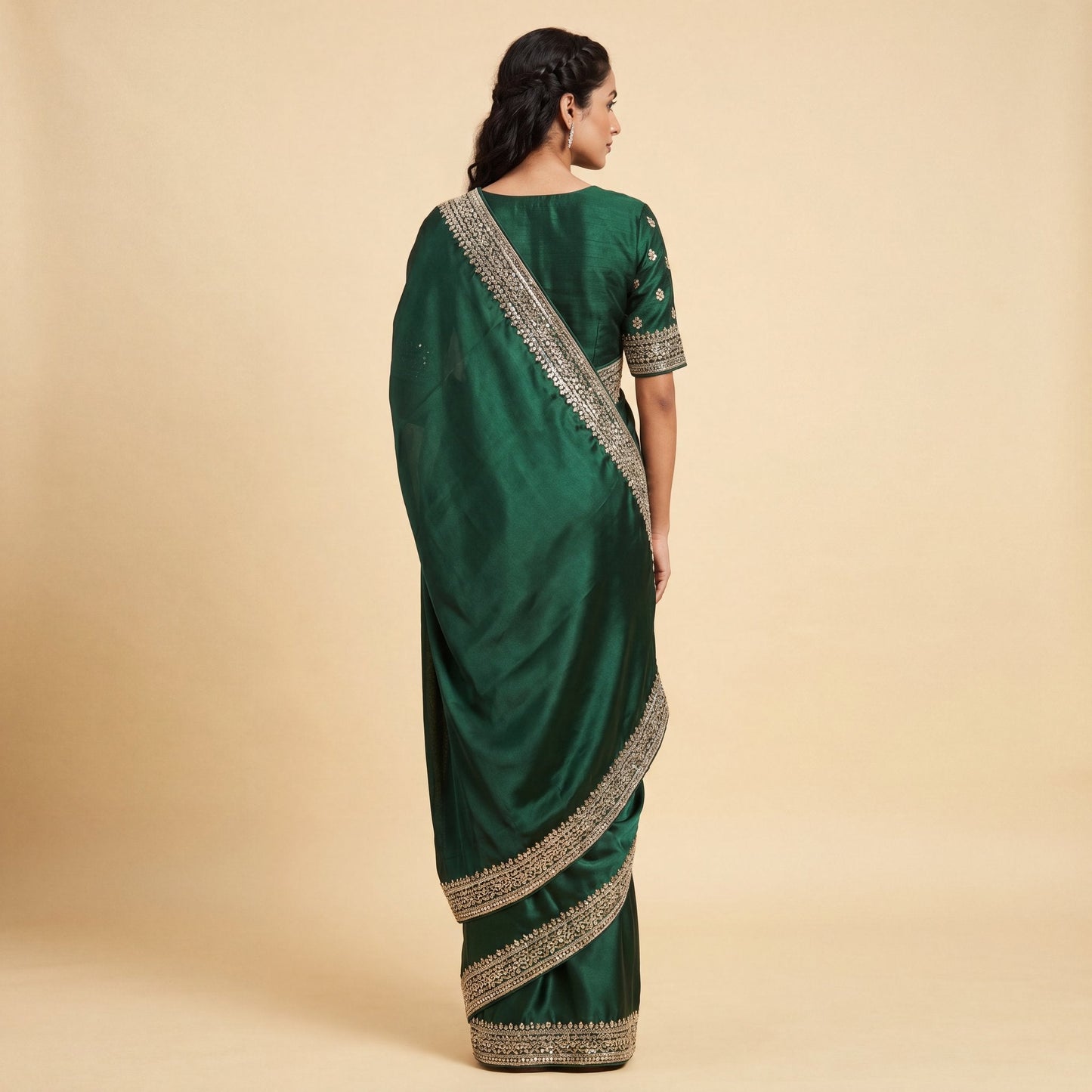 Dark Green Satin Saree on model - back