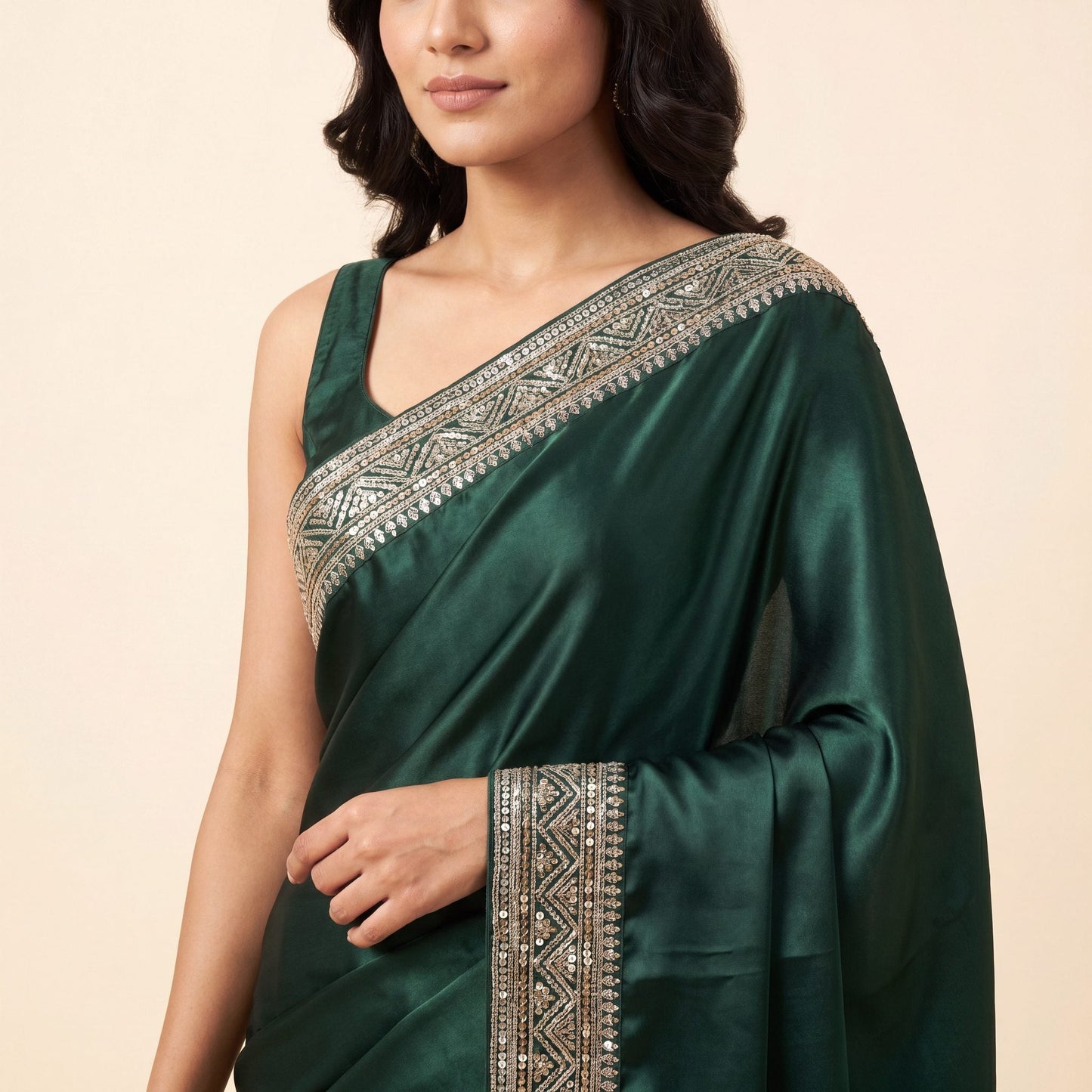 Dark Green Satin Saree on model - detail