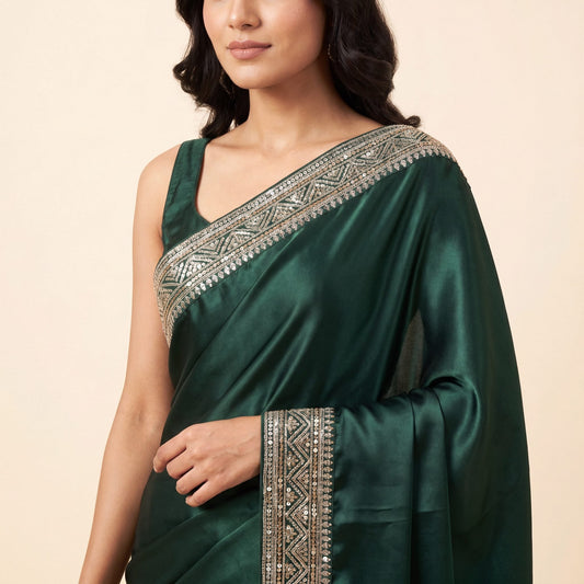 Dark Green Satin Saree on model - detail
