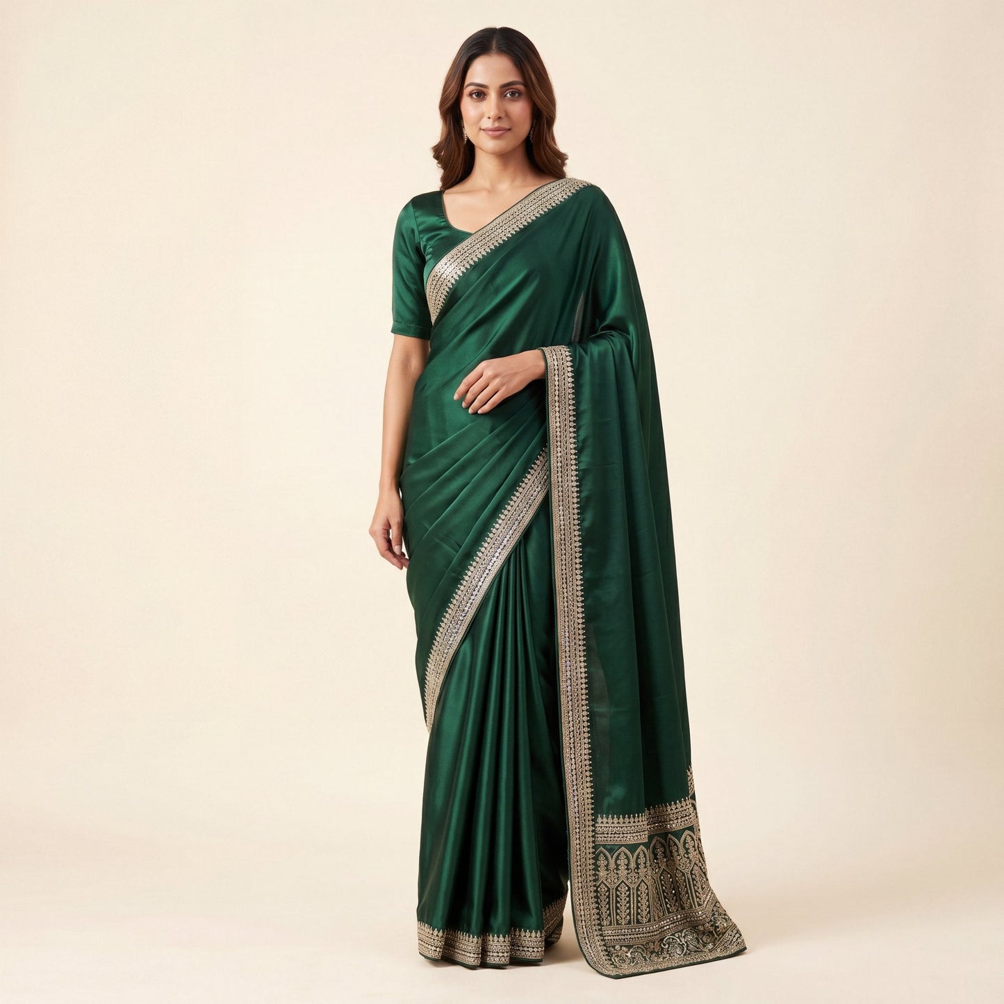 Dark Green Satin Saree on model - front