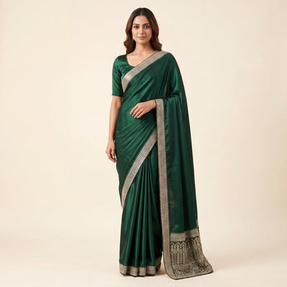 Dark Green Satin Saree on model - front