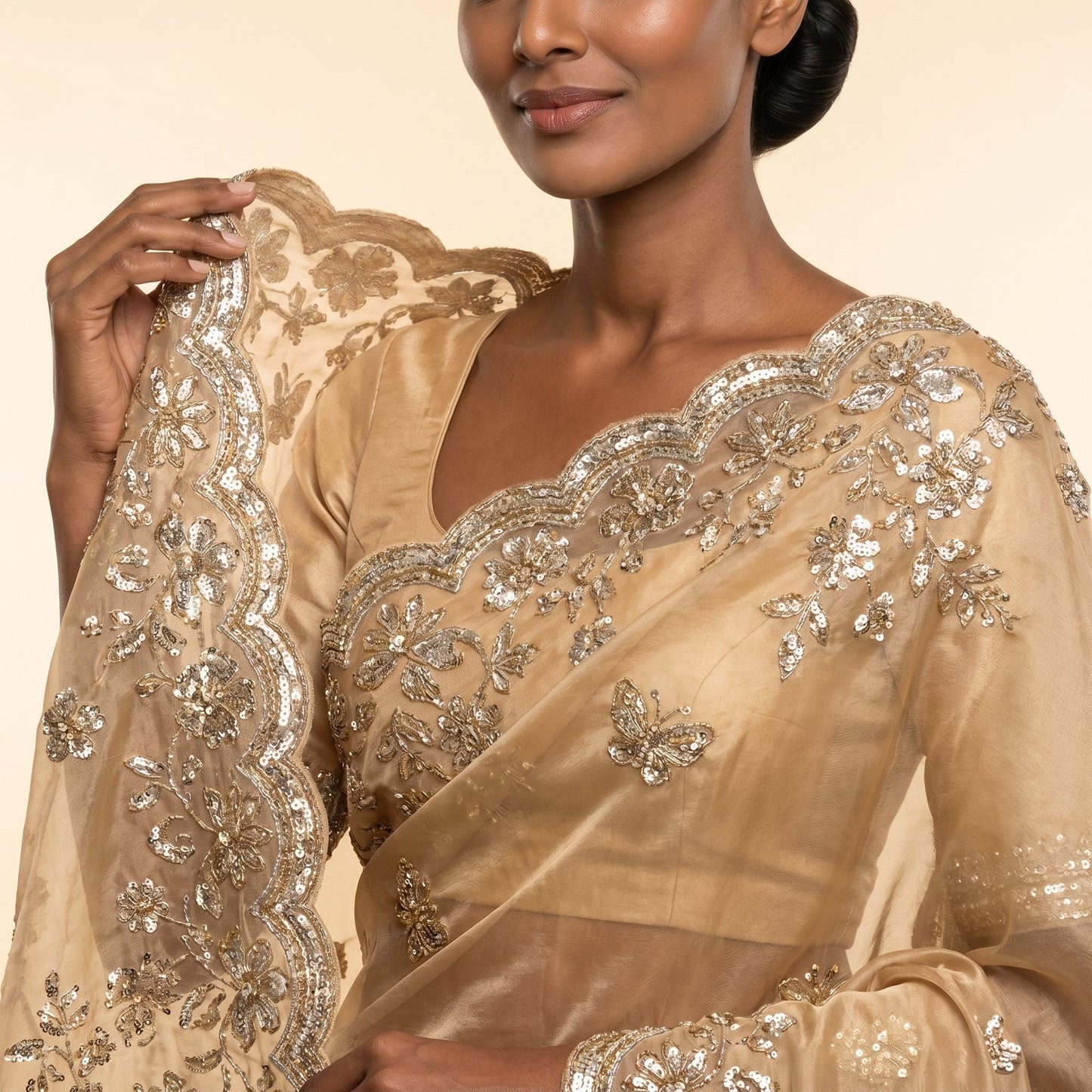 Golden Glow Organza Silk Saree on model - detail
