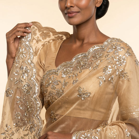Golden Glow Organza Silk Saree on model - detail