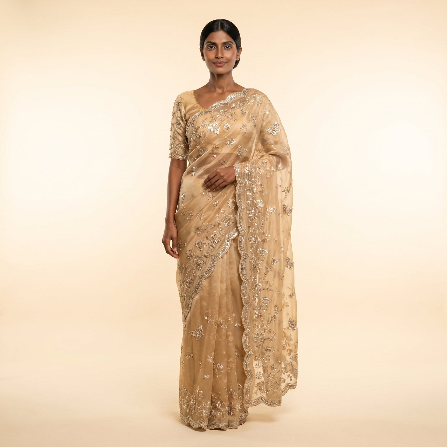 Golden Glow Organza Silk Saree on model - front